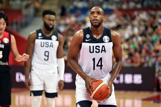 SHANGHAI, CHINA - SEPTEMBER 5: Khris Middleton #14 of USA shoots a free throw against Japan during the First Round of the 2019 FIBA Basketball World Cup on September 5, 2019 at the Shanghai Oriental Sports Center in Shanghai, China. NOTE TO USER: User expressly acknowledges and agrees that, by downloading and/or using this photograph, user is consenting to the terms and conditions of the Getty Images License Agreement. Mandatory Copyright Notice: Copyright 2019 NBAE (Photo by David Dow/NBAE via Getty Images)