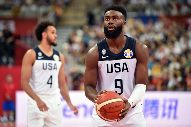 SHANGHAI, CHINA - SEPTEMBER 5: Jaylen Brown #9 of USA shoots a free throw against Japan during the First Round of the 2019 FIBA Basketball World Cup on September 5, 2019 at the Shanghai Oriental Sports Center in Shanghai, China. NOTE TO USER: User expressly acknowledges and agrees that, by downloading and/or using this photograph, user is consenting to the terms and conditions of the Getty Images License Agreement. Mandatory Copyright Notice: Copyright 2019 NBAE (Photo by David Dow/NBAE via Getty Images)