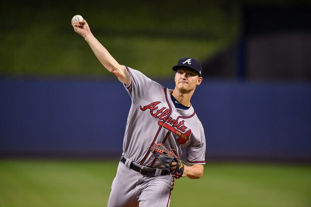 MIAMI, FL - AUGUST 10: Mike Soroka #40 of the Atlanta Braves delivers a pitch in the first inning against the Miami Marlins at Marlins Park on August 10, 2019 in Miami, Florida. (Photo by Mark Brown/Getty Images)