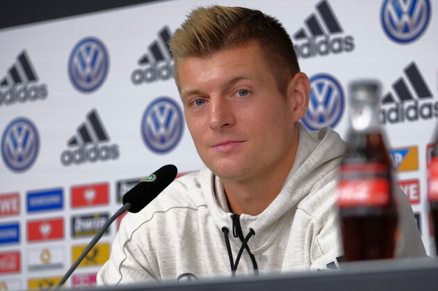 Germany's midfielder Toni Kroos attends a press conference of the German national football team ahead of the Euro 2020 football qualification match between Germany and the Netherlands in Hamburg, northern Germany, on September 5, 2019. (Photo by PATRIK STOLLARZ / AFP)        (Photo credit should read PATRIK STOLLARZ/AFP/Getty Images)