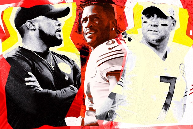 Pittsburgh Steelers running back Le'Veon Bell, left, and wide receiver Antonio Brown (84) prepare to eat turkey legs with teammate quarterback Ben Roethlisberger, right, as Michele Tafoya of NBC sports watches following an NFL football game between the Indianapolis Colts and the Pittsburgh Steelers Thursday, Nov. 24, 2016, in Indianapolis. Pittsburgh won the game 28-7. (AP Photo/Michael Conroy)