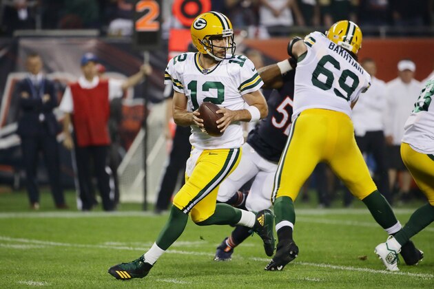 CHICAGO, ILLINOIS - SEPTEMBER 05: Aaron Rodgers #12 of the Green Bay Packers looks to pass during the first quarter against the Chicago Bears in the game at Soldier Field on September 05, 2019 in Chicago, Illinois. (Photo by Jonathan Daniel/Getty Images)
