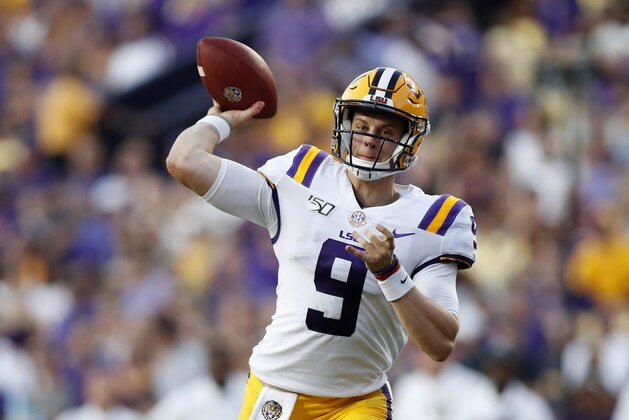 FILE - In this Aug. 31, 2019, file photo, LSU quarterback Joe Burrows (9) throws a pass during the NCAA football team's game against Georgia Southern in Baton Rouge, La. LSU faces Texas this week. Burrow has accounted for 15 touchdowns in LSU’s last three games, including a school record-tying five TDs passes in the season opener, and is the first Tigers quarterback ever with 20 completions in four consecutive games. (AP Photo/Tyler Kaufman, File)