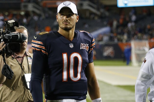 CHICAGO, ILLINOIS - SEPTEMBER 05: Mitchell Trubisky #10 of the Chicago Bears walks off the field following his team's 10-3 loss to the Green Bay Packers  at Soldier Field on September 05, 2019 in Chicago, Illinois. (Photo by Nuccio DiNuzzo/Getty Images)