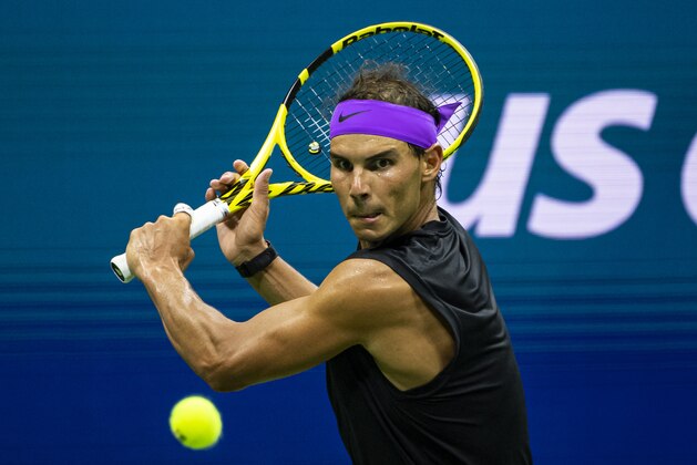 NEW YORK, NEW YORK - SEPTEMBER 04: Rafael Nadal of Spain hits a backhand against Diego Schwartzman of Argentina at Arthur Ashe Stadium at the USTA Billie Jean King National Tennis Center on September 04, 2019 in New York City. (Photo by TPN/Getty Images)
