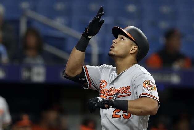 Baltimore Orioles' Anthony Santander celebrates his solo home run off Tampa Bay Rays relief pitcher Oliver Drake during the sixth inning in the first baseball game of a doubleheader Tuesday, Sept. 3, 2019, in St. Petersburg, Fla. (AP Photo/Chris O'Meara)