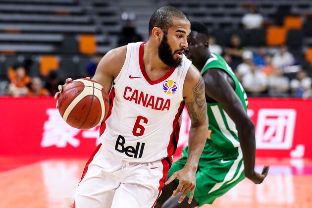 DONGGUAN, CHINA - SEPTEMBER 05: #6 Cory Joseph of Canada drives during the 2019 FIBA World Cup, first round match between Canada and Senegal at Dongguan Basketball Center on September 05, 2019 in Dongguan, China. (Photo by Zhizhao Wu/Getty Images)
