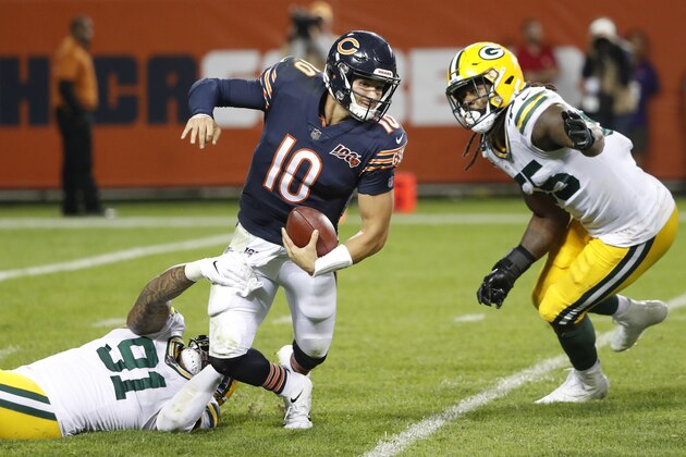Green Bay Packers' Preston Smith sacks Chicago Bears' Mitchell Trubisky during the second half of an NFL football game Thursday, Sept. 5, 2019, in Chicago. The Packers won 10-3. (AP Photo/Charles Rex Arbogast)