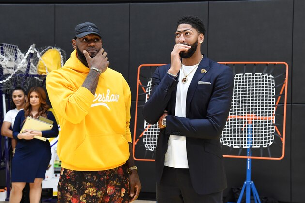 EL SEGUNDO, CA - JULY 13 :  Lebron James #23 and Anthony Davis #3 of the Los Angeles Lakers during a press conference on July 13, 2019 at the UCLA Health Training Center in El Segundo, California. NOTE TO USER: User expressly acknowledges and agrees that, by downloading and/or using this photograph, user is consenting to the terms and conditions of the Getty Images License Agreement. Mandatory Copyright Notice: Copyright 2019 NBAE (Photo by Adam Pantozzi/NBAE via Getty Images)