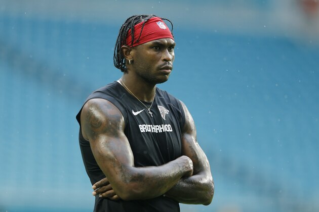 MIAMI, FLORIDA - AUGUST 08:  Julio Jones #11 of the Atlanta Falcons looks on prior to the preseason game against the Miami Dolphins at Hard Rock Stadium on August 08, 2019 in Miami, Florida. (Photo by Michael Reaves/Getty Images)