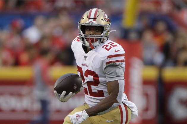 San Francisco 49ers running back Matt Breida (22) carries the ball during the first half of an NFL preseason football game against the Kansas City Chiefs in Kansas City, Mo., Saturday, Aug. 24, 2019. (AP Photo/Charlie Riedel)