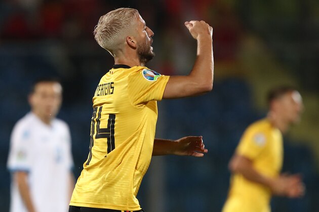 Belgium's forward Dries Mertens celebrates after scoring during the Euro 2020 qualifier football match San Marino vs Belgium on September 6, 2019 at the Olympic stadium in Serravalle. (Photo by Isabella BONOTTO / AFP)        (Photo credit should read ISABELLA BONOTTO/AFP/Getty Images)