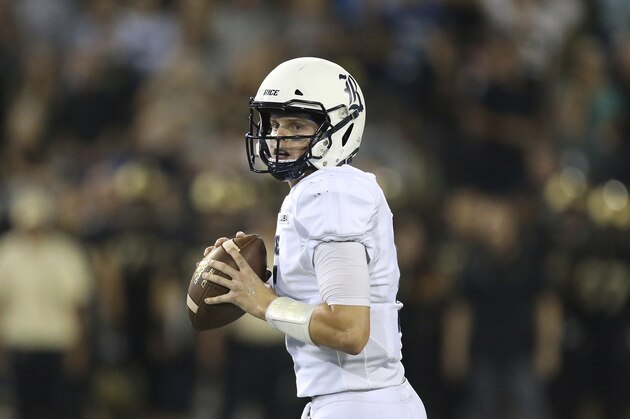 Rice quarterback Wiley Green (5) preparing to pass the ball against Army during an NCAA football game on Friday, August 30, 2019, in West Point, N.Y. Army won 14-7. (AP Photo/Vera Nieuwenhuis)