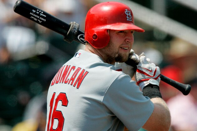 St. Louis Cardinals Chris Duncan during a spring training baseball game in Fort Myers, Fla., Monday March 24, 2008. (AP Photo/Charles Krupa)