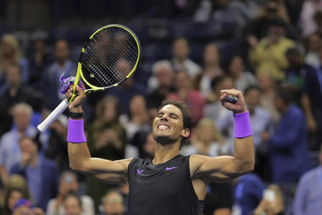 Rafael Nadal, of Spain, celebrates after defeating Matteo Berrettini, of Italy, in the men's singles semifinals of the U.S. Open tennis championships Friday, Sept. 6, 2019, in New York. (AP Photo/Charles Krupa)