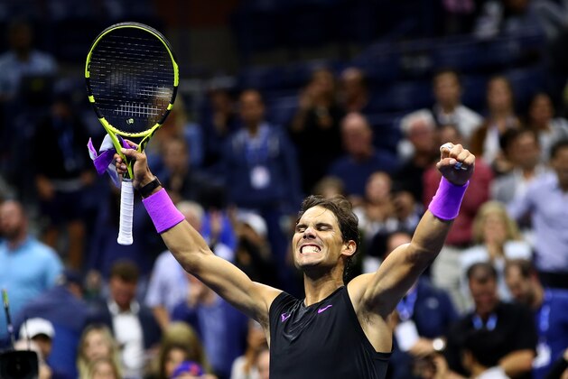 NEW YORK, NEW YORK - SEPTEMBER 06: Rafael Nadal of Spain celebrates his straight sets victory to the crowd after his Men's Singles semi-final match against Matteo Berrettini of Italy on day twelve of the 2019 US Open at the USTA Billie Jean King National Tennis Center on September 06, 2019 in Queens borough of New York City.   (Photo by Clive Brunskill/Getty Images)