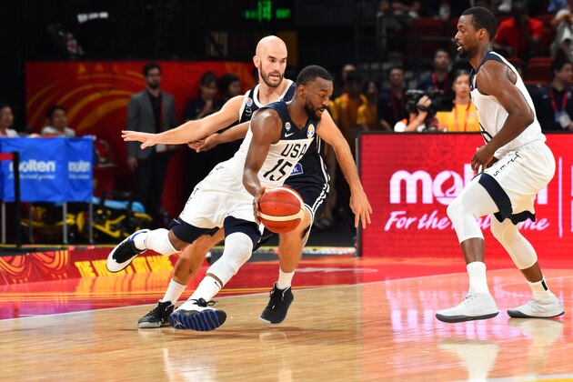 SHENZHEN, CHINA - SEPTEMBER 7:  Kemba Walker #15 of USA handles the ball against Greece during the Second Round of the 2019 FIBA Basketball World Cup on September 7, 2019 at the Shenzhen Bay Sports Center in Shenzhen, China. NOTE TO USER: User expressly acknowledges and agrees that, by downloading and or using this photograph, User is consenting to the terms and conditions of the Getty Images License Agreement. Mandatory Copyright Notice: Copyright 2019 NBAE  (Photo by Jesse D. Garrabrant/NBAE via Getty Images)