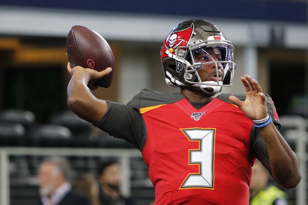 Tampa Bay Buccaneers' Jameis Winston (3) warms up before a preseason NFL football game against the Dallas Cowboys in Arlington, Texas, Thursday, Aug. 29, 2019. (AP Photo/Michael Ainsworth)