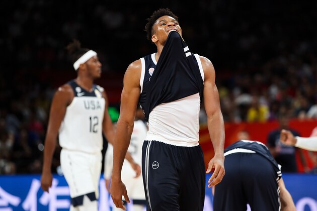 SHENZHEN, CHINA - SEPTEMBER 07:  Giannis Antetokounmpo #34 of Greece reacts during FIBA World Cup 2019 Group K match between USA and Greece at Shenzhen Bay Sports Centre on September 7, 2019 in Shenzhen, China.  (Photo by Lintao Zhang/Getty Images)