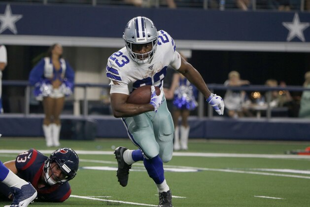 Dallas Cowboys running back Alfred Morris runs the ball against the Houston Texans first half of a preseason NFL football game in Arlington, Texas, Saturday, Aug. 24, 2019. (AP Photo/Michael Ainsworth)