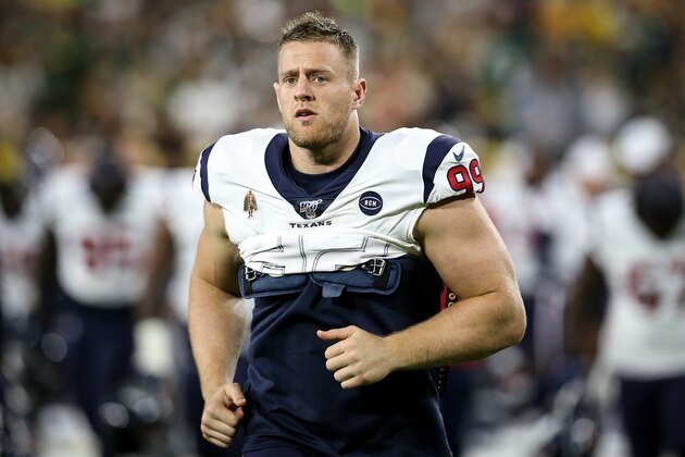 GREEN BAY, WISCONSIN - AUGUST 08:  J.J. Watt #99 of the Houston Texans jogs across the field at halftime against the Green Bay Packers during a preseason game at Lambeau Field on August 08, 2019 in Green Bay, Wisconsin. (Photo by Dylan Buell/Getty Images)