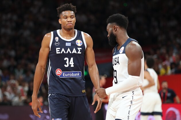 SHENZHEN, CHINA - SEPTEMBER 07:  Giannis Antetokounmpo #34 of Greece reacts during FIBA World Cup 2019 Group K match between USA and Greece at Shenzhen Bay Sports Centre on September 7, 2019 in Shenzhen, China.  (Photo by Lintao Zhang/Getty Images)