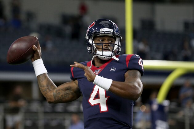 Houston Texans quarterback Deshaun Watson prepares to throw a pass during warm ups before a preseason NFL football game against the Dallas Cowboys in Arlington, Texas, Saturday, Aug. 24, 2019. (AP Photo/Michael Ainsworth) Houston Texans quarterback Deshaun Watson prepares to throw a pass during warm ups before a preseason NFL football game against the Dallas Cowboys in Arlington, Texas, Saturday, Aug. 24, 2019. (AP Photo/Michael Ainsworth)