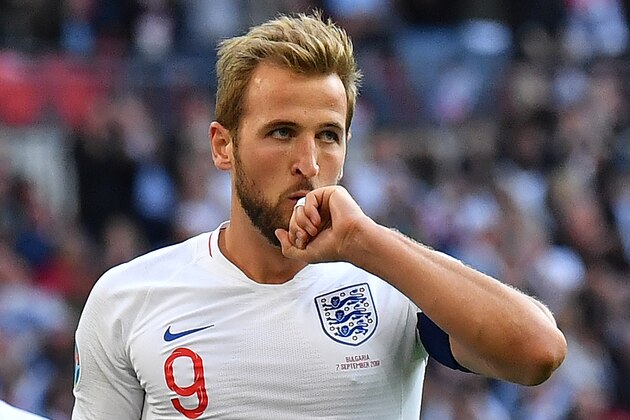 England's striker Harry Kane celebrates scoring his team's fourth goal, from the penalty spot, and his hatrick, during the UEFA Euro 2020 qualifying first round Group A football match between England and Bulgaria at Wembley Stadium in London on September 7, 2019. (Photo by Ben STANSALL / AFP) / NOT FOR MARKETING OR ADVERTISING USE / RESTRICTED TO EDITORIAL USE        (Photo credit should read BEN STANSALL/AFP/Getty Images)
