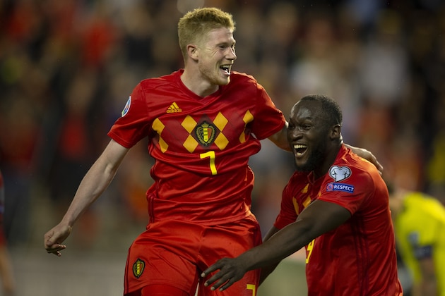 BRUSSELS, BELGIUM - JUNE 11: Kevin De Bruyne of Belgium celebrates after scoring a goal with Romelu Lukaku of Belgium during the 2020 UEFA European Championships group I qualifying match between Belgium and Scotland at King Baudouin Stadium on June 11, 2019 in Brussels, Belgium. (Photo by Frank Abbeloos/Isosport/MB Media/Getty Images)