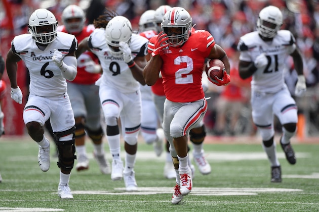 COLUMBUS, OH - SEPTEMBER 7:  J.K. Dobbins #2 of the Ohio State Buckeyes leaves the Cincinnati Bearcats defense behind as he runs for a 60-yard touchdown run in the second quarter at Ohio Stadium on September 7, 2019 in Columbus, Ohio.  (Photo by Jamie Sabau/Getty Images)