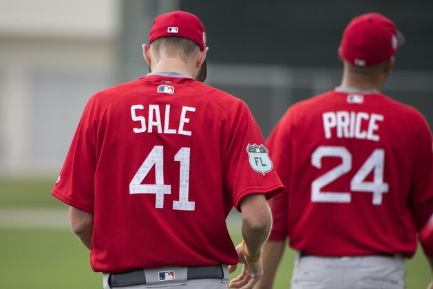 FORT MYERS, FL- FEBRUARY 14:  Chris Sale #41 and David Price #24 of the Boston Red Sox take the field during the first official day of workouts for pitchers and catchers on February 14, 2017 at jetBlue Park in Fort Myers, Florida.   (Photo by Michael Ivins/Boston Red Sox) *** LOCAL CAPTION *** Chris Sale;David Price