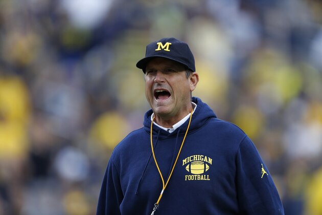 Michigan head coach Jim Harbaugh watches during warmups before an NCAA college football game against Middle Tennessee in Ann Arbor, Mich., Saturday, Aug. 31, 2019. (AP Photo/Paul Sancya)