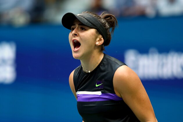 NEW YORK, NEW YORK - SEPTEMBER 07: Bianca Andreescu of Canada reacts during her Women's Singles final match against against Serena Williams of the United States on day thirteen of the 2019 US Open at the USTA Billie Jean King National Tennis Center on September 07, 2019 in the Queens borough of New York City. (Photo by Clive Brunskill/Getty Images)