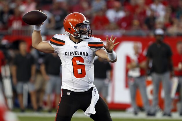 Cleveland Browns quarterback Baker Mayfield (6) throws a pass during the first half of an NFL preseason football game against the Tampa Bay Buccaneers Friday, Aug. 23, 2019, in Tampa, Fla. (AP Photo/Mark LoMoglio)