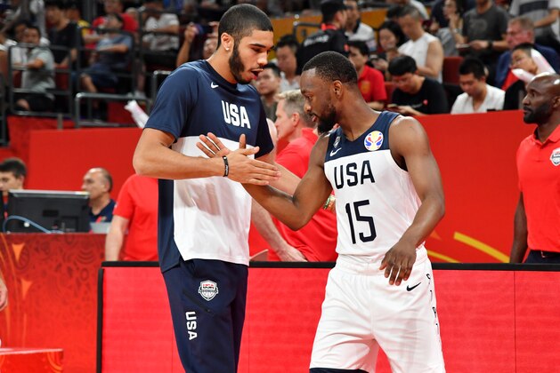 SHENZHEN, CHINA - SEPTEMBER 7:  Jayson Tatum #10 shakes hands with Kemba Walker #15 of USA during the Second Round of the 2019 FIBA Basketball World Cup on September 7, 2019 at the Shenzhen Bay Sports Center in Shenzhen, China. NOTE TO USER: User expressly acknowledges and agrees that, by downloading and or using this photograph, User is consenting to the terms and conditions of the Getty Images License Agreement. Mandatory Copyright Notice: Copyright 2019 NBAE  (Photo by Jesse D. Garrabrant/NBAE via Getty Images)