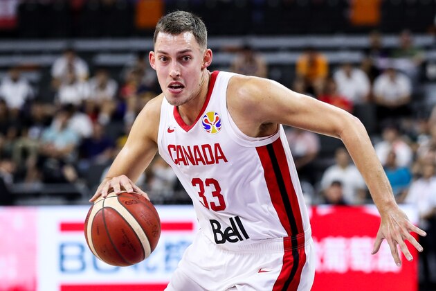 DONGGUAN, CHINA - SEPTEMBER 05: #33 Kyle Wiltjer of Canada drives during the 2019 FIBA World Cup, first round match between Canada and Senegal at Dongguan Basketball Center on September 05, 2019 in Dongguan, China. (Photo by Zhizhao Wu/Getty Images)