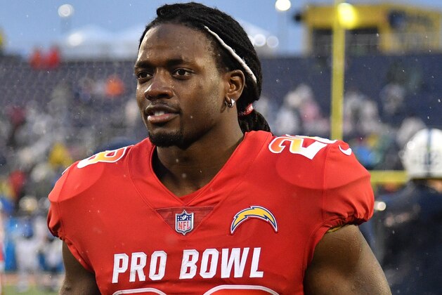 ORLANDO, FL - JANUARY 27: Melvin Gordon #28 of the Los Angeles Chargers on the field after the 2019 NFL Pro Bowl at Camping World Stadium on January 27, 2019 in Orlando, Florida. (Photo by Mark Brown/Getty Images)