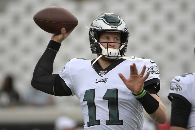 Philadelphia Eagles quarterback Carson Wentz (11) throws a pass before an NFL preseason football game against the Jacksonville Jaguars Thursday, Aug. 15, 2019, in Jacksonville, Fla. (AP Photo/Phelan M. Ebenhack)