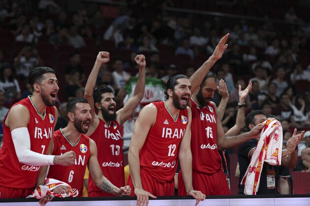 BEIJING, CHINA - SEPTEMBER 06: Team of the Iran National Team in action against the Angola National Team during the classification round of 2019 FIBA World Cup at  on September 6, 2019 in Beijing, China. (Photo by Fred Lee/Getty Images)