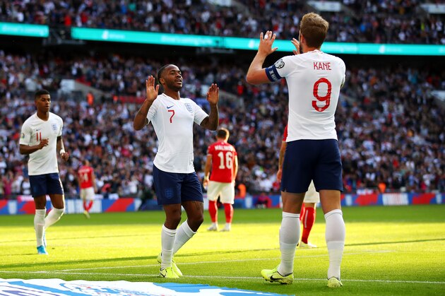 LONDON, ENGLAND - SEPTEMBER 07: Raheem Sterling of England celebrates after scoring his team's third goal with Harry Kane of England during the UEFA Euro 2020 qualifier match between England and Bulgaria at Wembley Stadium on September 07, 2019 in London, England. (Photo by Richard Heathcote/Getty Images) LONDON, ENGLAND - SEPTEMBER 07: Raheem Sterling of England celebrates after scoring his team's third goal with Harry Kane of England during the UEFA Euro 2020 qualifier match between England and Bulgaria at Wembley Stadium on September 07, 2019 in London, England. (Photo by Richard Heathcote/Getty Images)