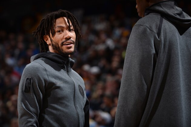 DENVER, CO - MARCH 12: Derrick Rose #25 of the Minnesota Timberwolves looks on during the game against the Denver Nuggets on March 12, 2019 at the Pepsi Center in Denver, Colorado. NOTE TO USER: User expressly acknowledges and agrees that, by downloading and/or using this photograph, user is consenting to the terms and conditions of the Getty Images License Agreement. Mandatory Copyright Notice: Copyright 2019 NBAE (Photo by Bart Young/NBAE via Getty Images)