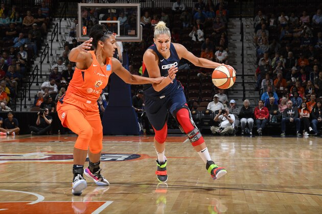UNCASVILLE, CT - JUNE 11:  Elena Delle Donne #11 of the Washington Mystics handles the ball against the Connecticut Sun on June 11, 2019 at the Mohegan Sun Arena in Uncasville, Connecticut.  NOTE TO USER: User expressly acknowledges and agrees that, by downloading and or using this photograph, User is consenting to the terms and conditions of the Getty Images License Agreement. Mandatory Copyright Notice: Copyright 2019 NBAE  (Photo by Brian Babineau/NBAE via Getty Images)