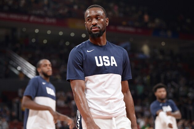 SHENZHEN, CHINA - SEPTEMBER 7:  Kemba Walker #15 of USA looks on before the game against Greece in the Second Round of the 2019 FIBA Basketball World Cup on September 7, 2019 at the Shenzhen Bay Sports Center in Shenzhen, China. NOTE TO USER: User expressly acknowledges and agrees that, by downloading and or using this photograph, User is consenting to the terms and conditions of the Getty Images License Agreement. Mandatory Copyright Notice: Copyright 2019 NBAE  (Photo by David Dow/NBAE via Getty Images)