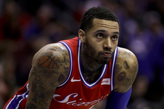 Philadelphia 76ers' Mike Scott in action during an NBA basketball game against the Denver Nuggets, Friday, Feb. 8, 2019, in Philadelphia. (AP Photo/Matt Slocum)