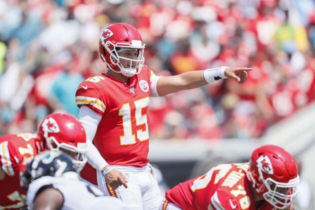 JACKSONVILLE, FLORIDA - SEPTEMBER 08: Patrick Mahomes #15 of the Kansas City Chiefs in action during the first half against the Jacksonville Jaguars at TIAA Bank Field on September 08, 2019 in Jacksonville, Florida. (Photo by James Gilbert/Getty Images)