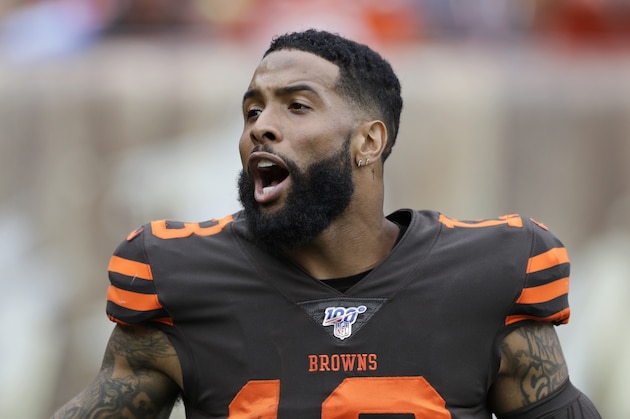 Cleveland Browns wide receiver Odell Beckham Jr. reacts during the first half in an NFL football game against the Tennessee Titans, Sunday, Sept. 8, 2019, in Cleveland. (AP Photo/Ron Schwane)