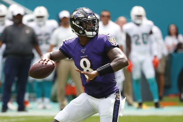 Baltimore Ravens quarterback Lamar Jackson (8) looks to pass, during the first half at an NFL football game against the Miami Dolphins, Sunday, Sept. 8, 2019, in Miami Gardens, Fla. (AP Photo/Wilfredo Lee)