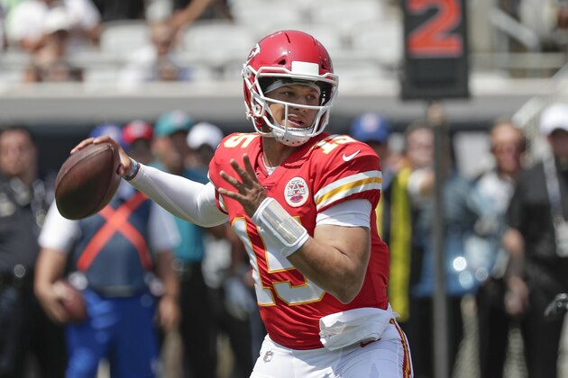 Kansas City Chiefs quarterback Patrick Mahomes throws a pass during the first half of an NFL football game against the Jacksonville Jaguars, Sunday, Sept. 8, 2019, in Jacksonville, Fla. (AP Photo/John Raoux)