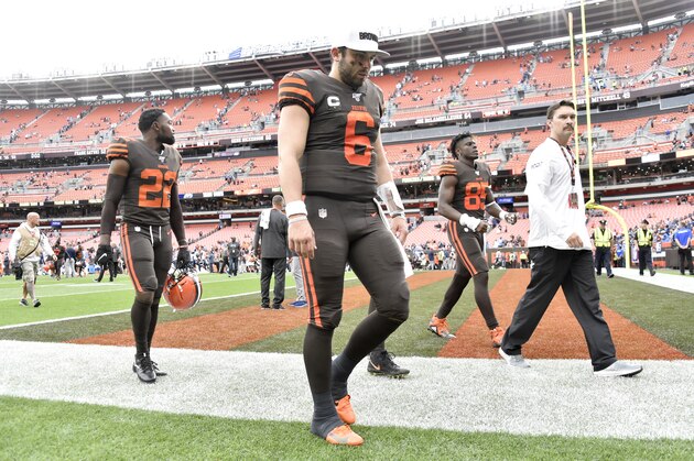 CLEVELAND, OHIO - SEPTEMBER 08: Baker Mayfield #6 of the Cleveland Browns walks off the field after the Browns were defeated by the Tennessee Titans at FirstEnergy Stadium on September 08, 2019 in Cleveland, Ohio. The Titans defeated the Browns 43-13.  (Photo by Jason Miller/Getty Images)