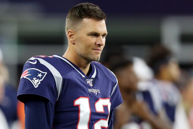 FOXBOROUGH, MASSACHUSETTS - AUGUST 29: Tom Brady #12 of the New England Patriots looks on during the preseason game between the New York Giants and the New England Patriots at Gillette Stadium on August 29, 2019 in Foxborough, Massachusetts. (Photo by Maddie Meyer/Getty Images)